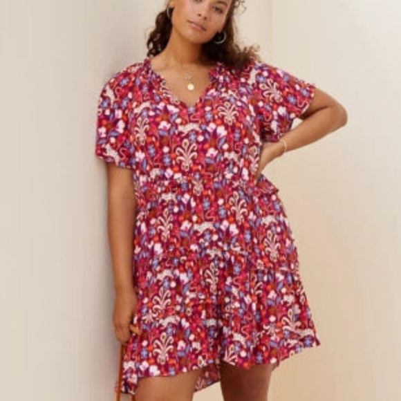 Anthropologie Robin Tiered Mini Dress Pink Ikat Flutter Sleeve Ruffle Size XS - Picture 11 of 14